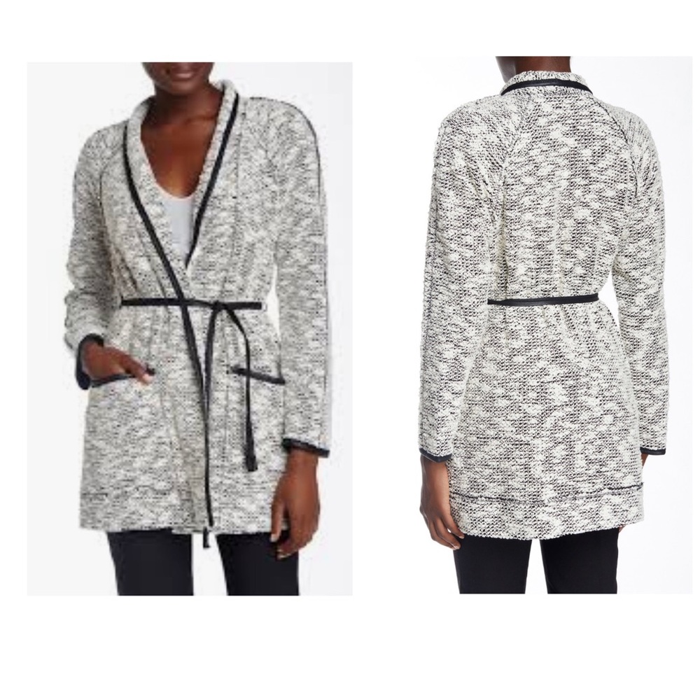 Rebecca Taylor Faux Leather Trimmed Tweed Longline Coat Blazer Size 2